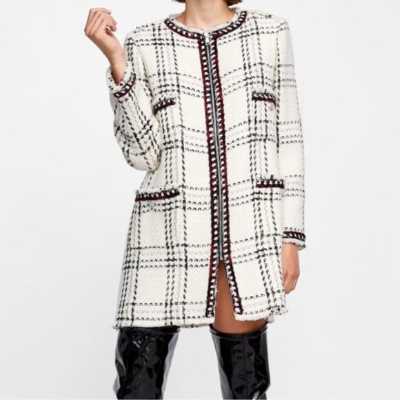 ZARA Tweed Long Plaid Coat Cream sz M Jewel Buttons Cozy Winter Holiday Preppy - Picture 1 of 12